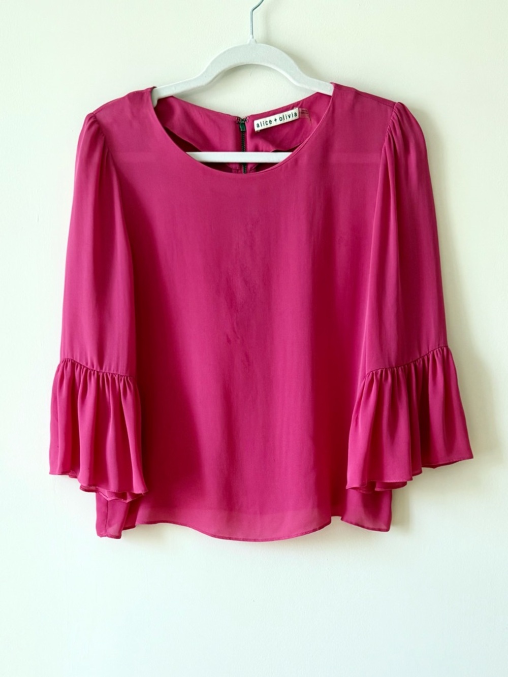 Alice + Olivia Hot Pink Silk Blouse | Ruffle Sleeve | Elegant Draped Top